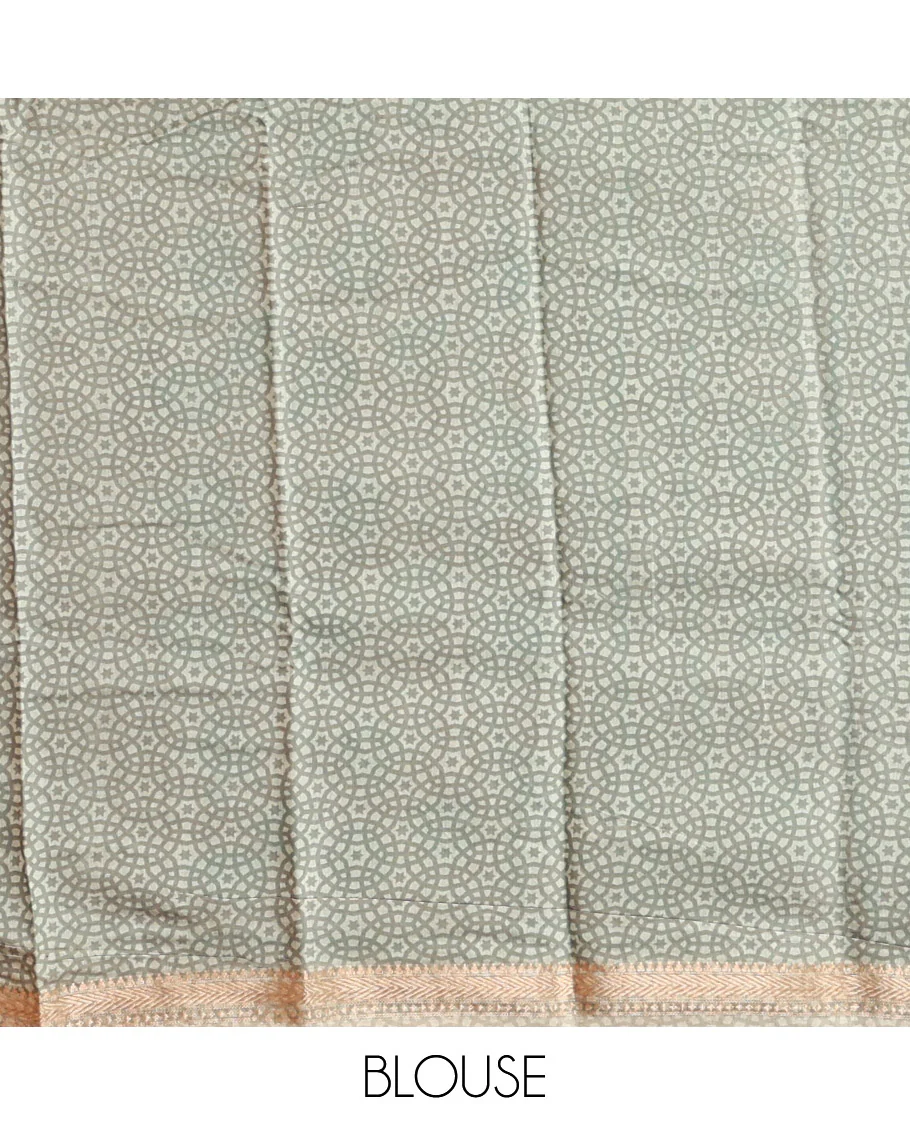 Grey Kanchi Cotton Saree, Embellished with Floral Print All Over Its Body, Complemented by Contrast Traditional Border, Pallu of Floral Designs, and Paired with a Matching Blouse - Image 4