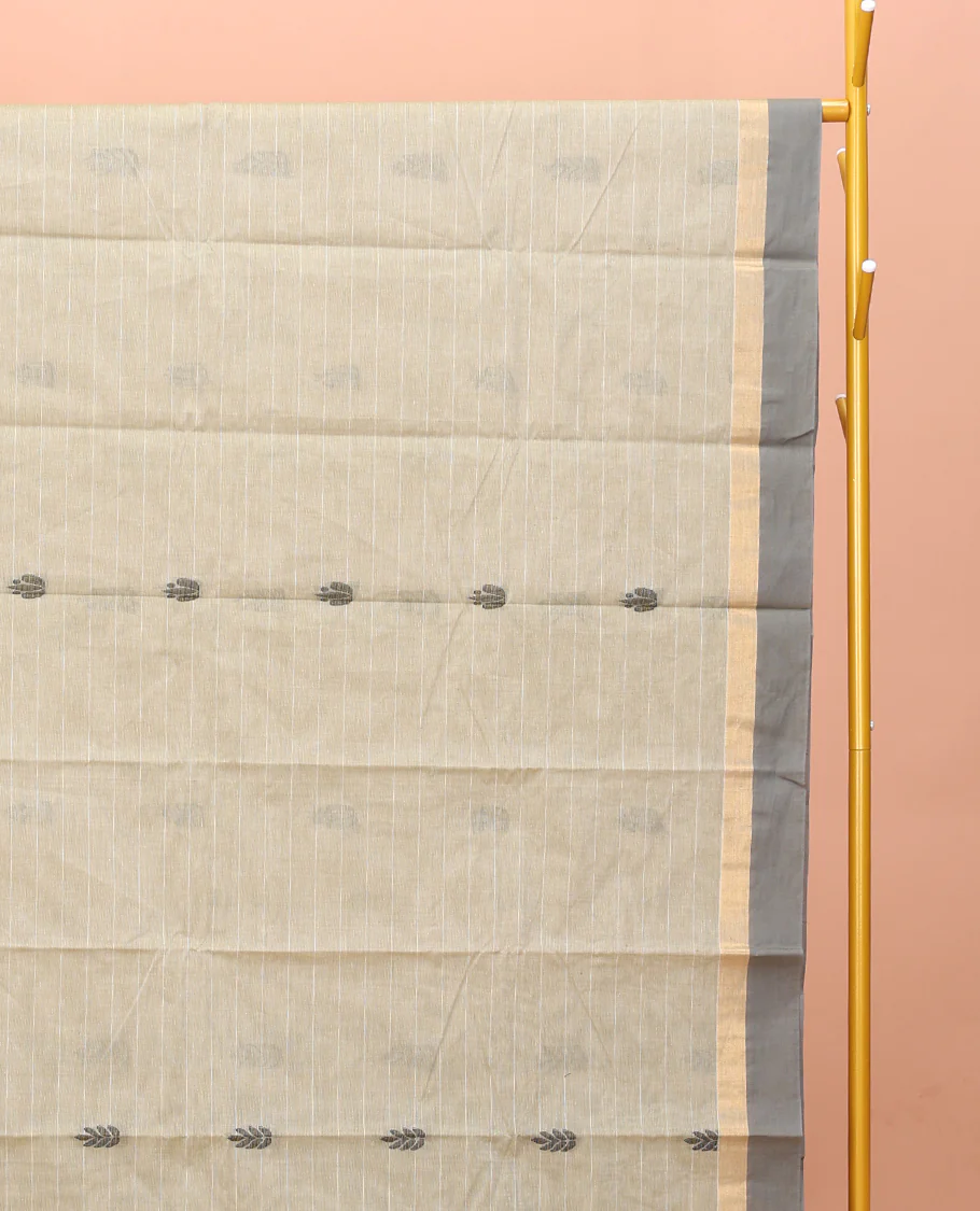 Grey Kanchi Cotton Saree Features Buttas and Stripes on Its Body, Complemented by a Contrast Border, Floral Design Pallu, and a Matching Blouse - Image 2