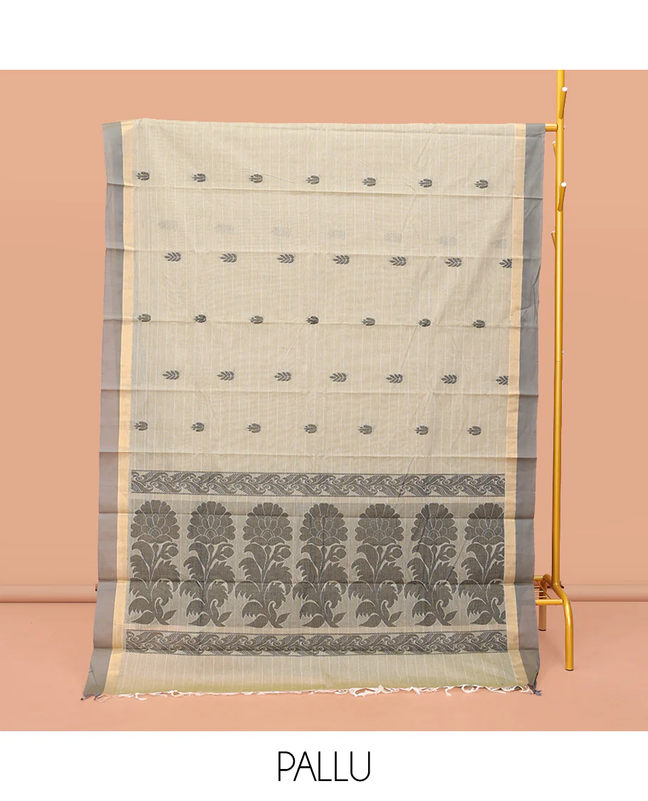 Grey Kanchi Cotton Saree Features Buttas and Stripes on Its Body, Complemented by a Contrast Border, Floral Design Pallu, and a Matching Blouse - Image 3