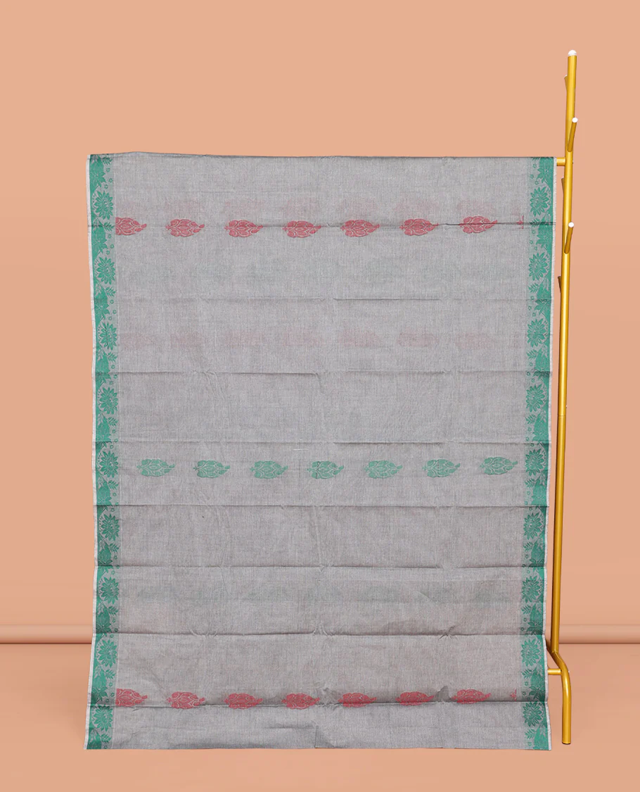 Grey Kanchi Cotton Saree, Steeped with Buttas All Over Its Body, a Subtle Self-Border, Pallu of Floral-Geometric Designs, and Paired with a Matching Blouse