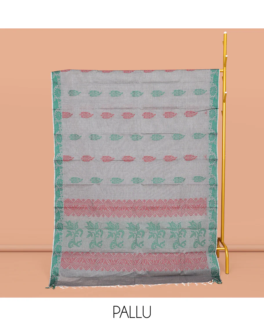 Grey Kanchi Cotton Saree, Steeped with Buttas All Over Its Body, a Subtle Self-Border, Pallu of Floral-Geometric Designs, and Paired with a Matching Blouse - Image 2