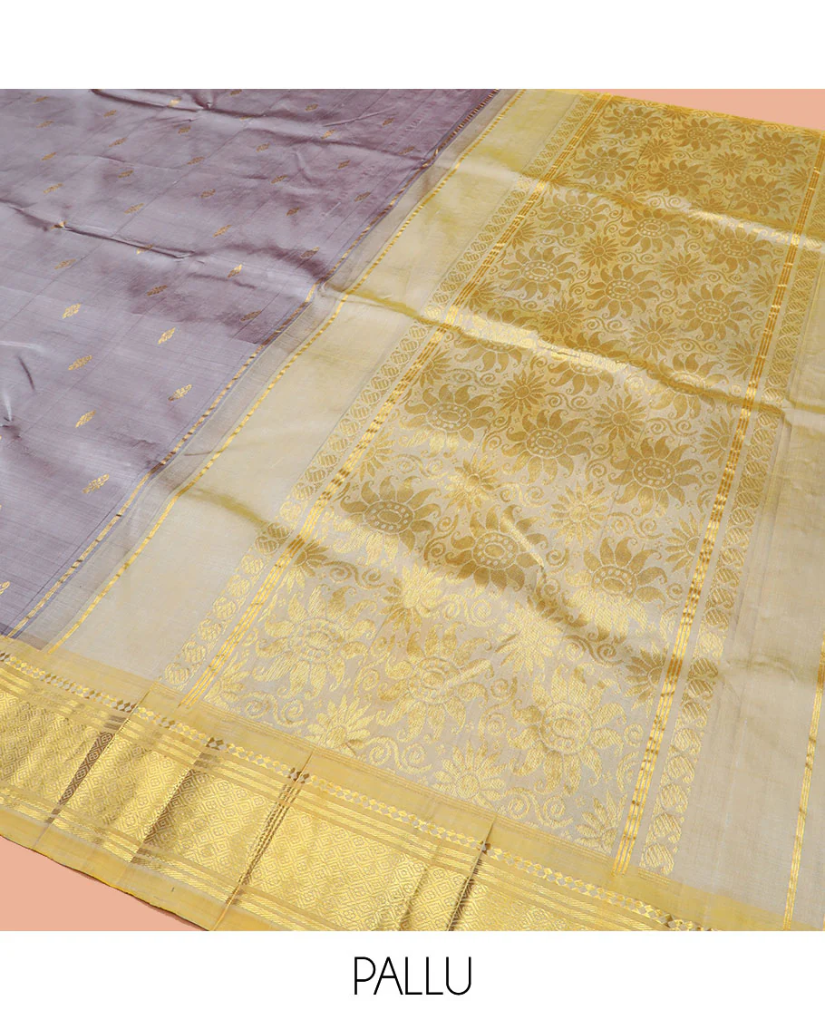 Grey Kanchipuram Silk Saree Detailed with Zari Buttas, Highlighted by Contrast One-Sided Border of Paneer Sombu, Banaras, and Jaal Designs, Pallu Accentuated with Floral Zari Design, and Comes Without a Blouse - Image 5