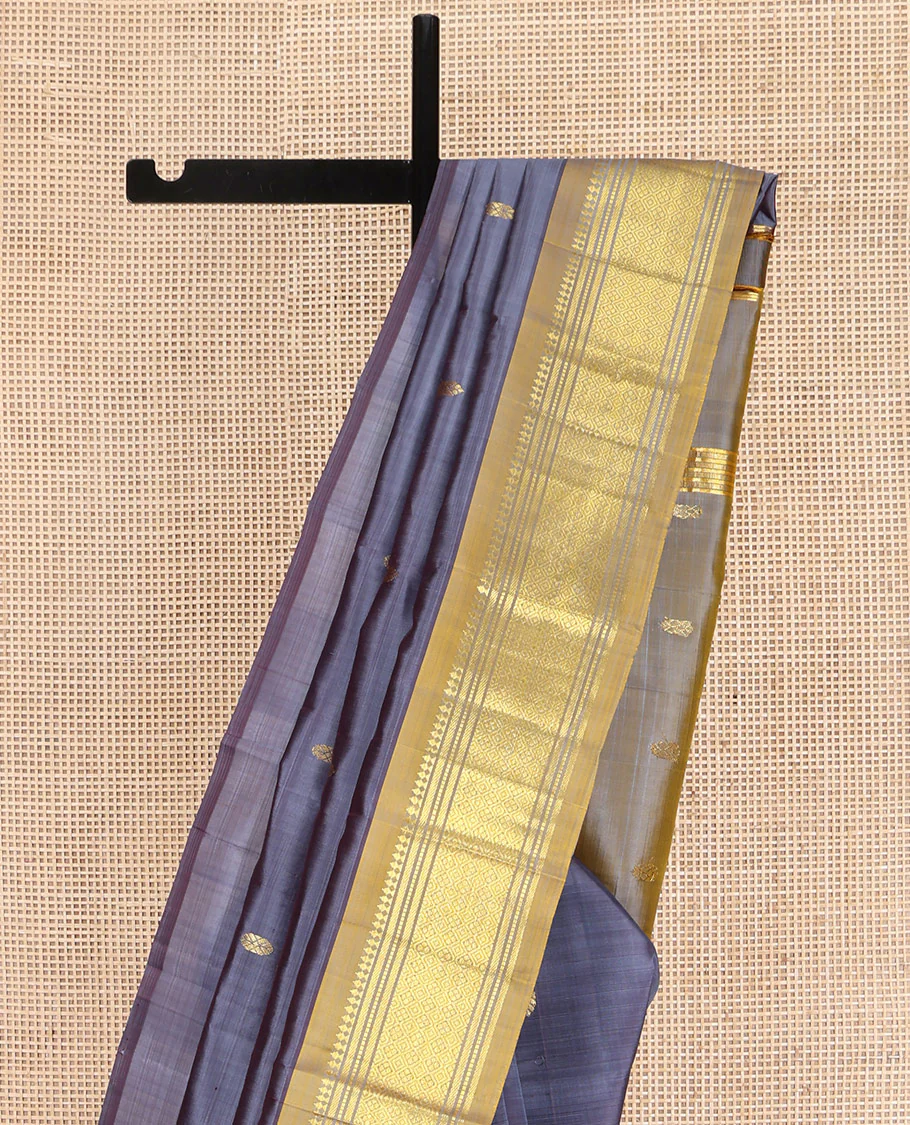 Grey Kanchipuram Silk Saree, Graced with Zari Buttas on Its Body, Complemented by a Contrast One-Sided Border of Panner Sombu, Banaras, Muthu, and Jaal Designs, Pallu of Zari Designs, and Comes Without a Blouse - Image 3