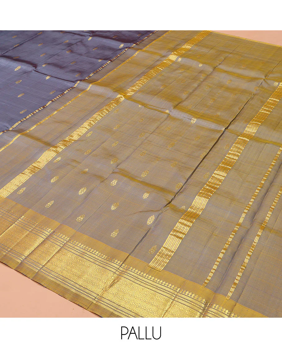 Grey Kanchipuram Silk Saree, Graced with Zari Buttas on Its Body, Complemented by a Contrast One-Sided Border of Panner Sombu, Banaras, Muthu, and Jaal Designs, Pallu of Zari Designs, and Comes Without a Blouse - Image 5