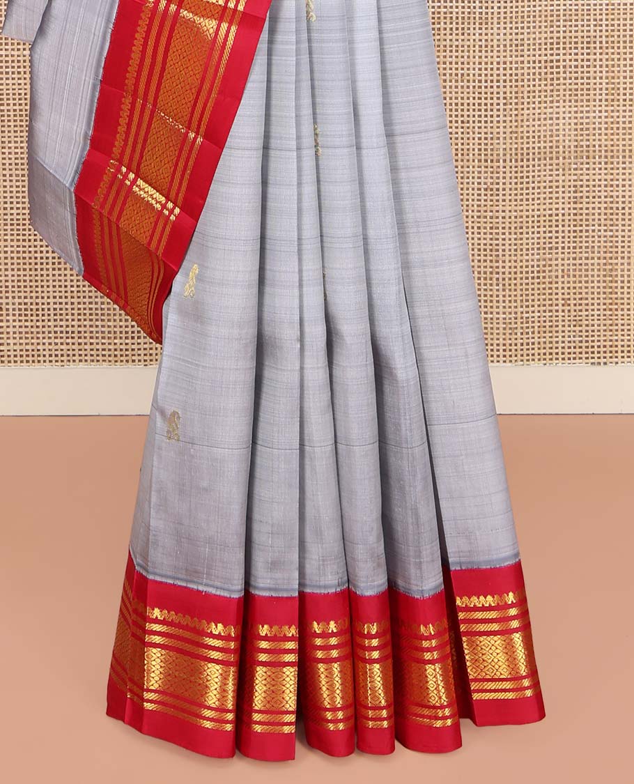 Grey Kanchipuram Silk Saree, Subtly Sparkled with Zari Buttas on Its Body, Complemented by a Contrast One-Sided Korvai Border of Salngai, Banaras, and Jaal Designs, Pallu Features Zari Designs, and Comes Without a Blouse - Image 4