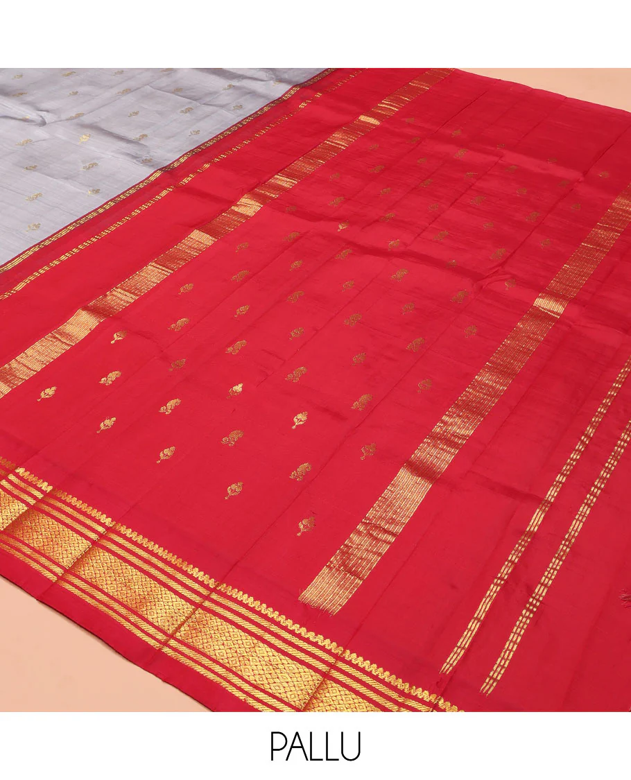 Grey Kanchipuram Silk Saree, Subtly Sparkled with Zari Buttas on Its Body, Complemented by a Contrast One-Sided Korvai Border of Salngai, Banaras, and Jaal Designs, Pallu Features Zari Designs, and Comes Without a Blouse - Image 5