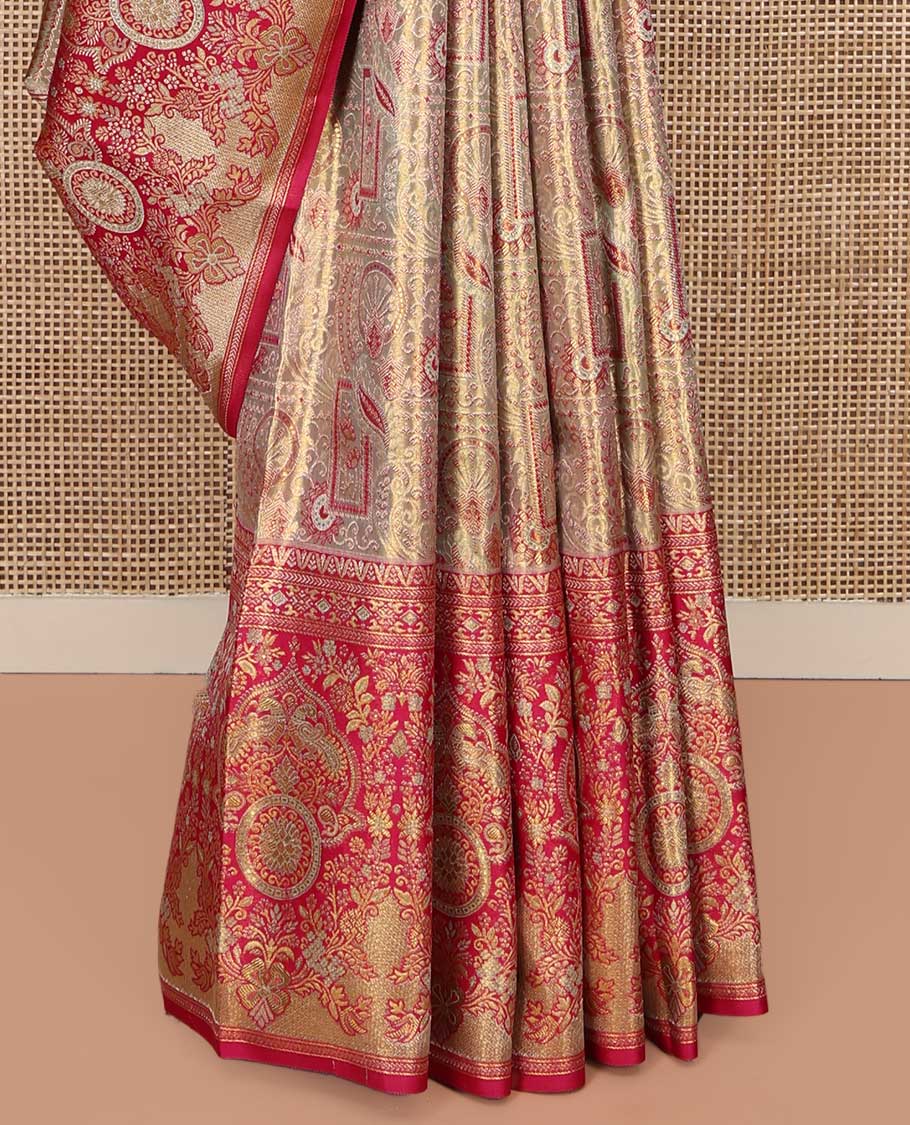 Grey Kanchipuram Tissue Silk Saree, Opulently Embellished with Jacquard Design On Its Body, Complemented by Contrast Mughal-style Intricately Woven Border, Grand Pallu and Paired with a Contrast Blouse - Image 4