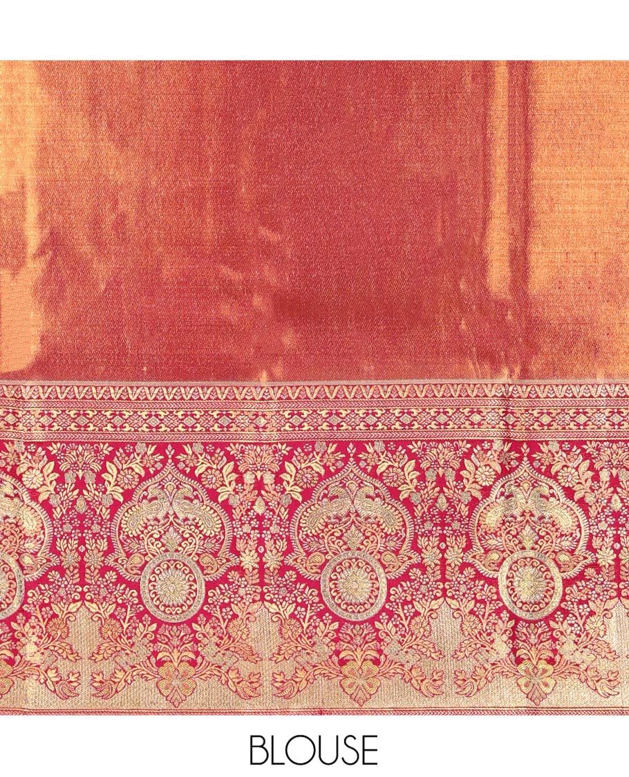 Grey Kanchipuram Tissue Silk Saree, Opulently Embellished with Jacquard Design On Its Body, Complemented by Contrast Mughal-style Intricately Woven Border, Grand Pallu and Paired with a Contrast Blouse - Image 6