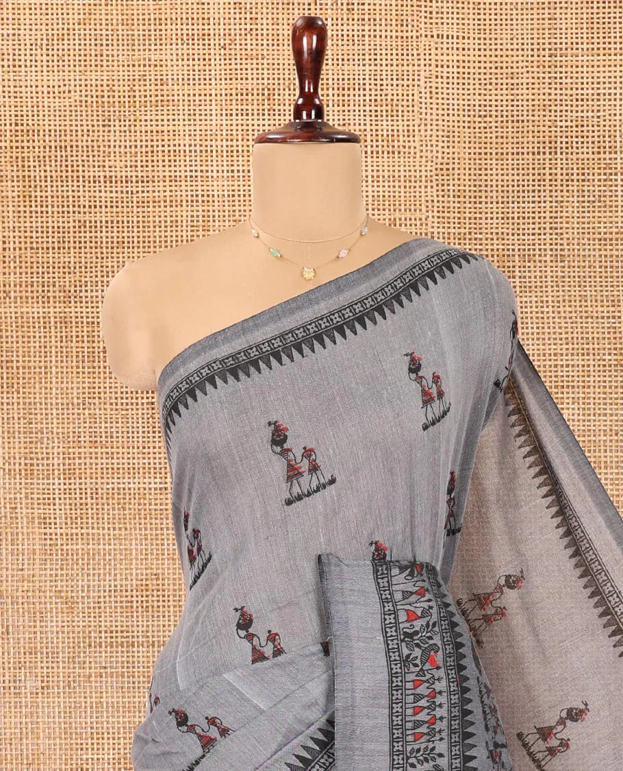 Grey Khadi Mul Cotton Saree, Artfully Printed with Warli Motifs All Over Its Body, Highlighted by a Self-Border of Warli Print, Pallu of Warli Print, and Paired with a Matching Blouse - Image 2