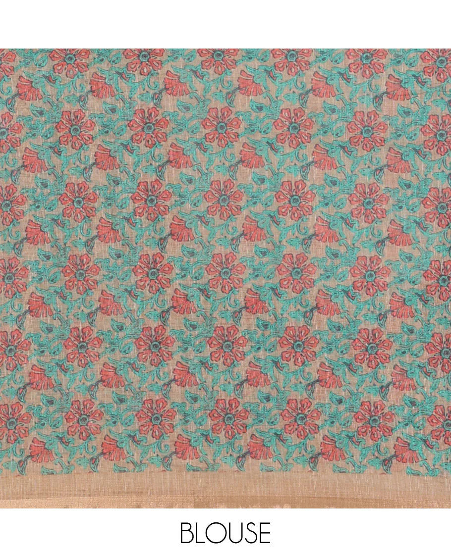 Chikku Linen Cotton Saree, Adorned with Shibori Prints on Its Body, Subtle Contrast Piping Border, Pallu of Floral Print, and Paired with a Matching Blouse - Image 3