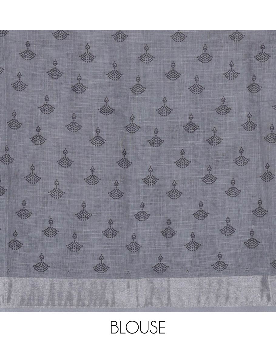 Grey Linen Cotton Saree, Detailed with Silhouette-Style Floral Motifs Printed on Its Body, Subtle Zari Bavanji Border, Pallu of Silhouette-Style Floral Print, and Comes with a Matching Blouse - Image 3