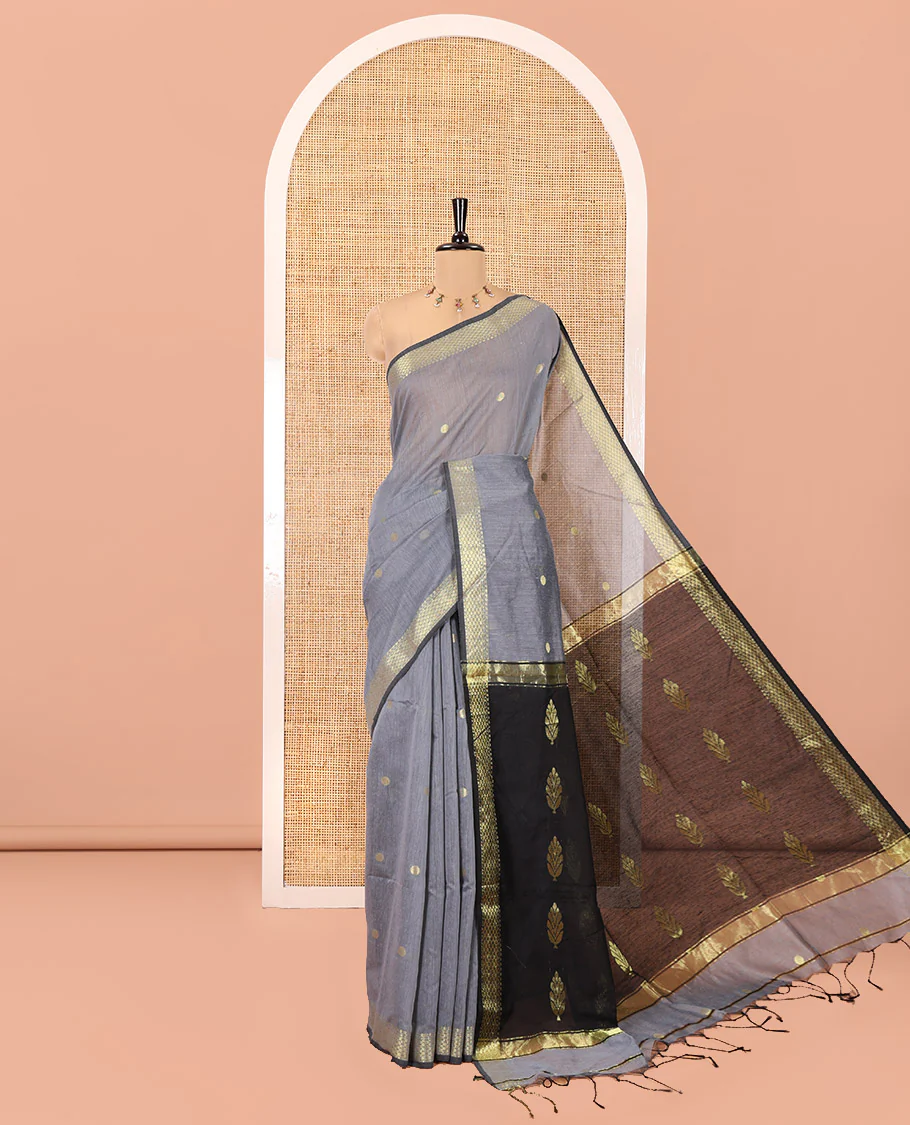 Grey Maheshwari Cotton Saree,  Flower Buttas All Over Its Body, Highlighted by Zari Border, Pallu of Contrast Floral Buttas, and a Contrast Blouse