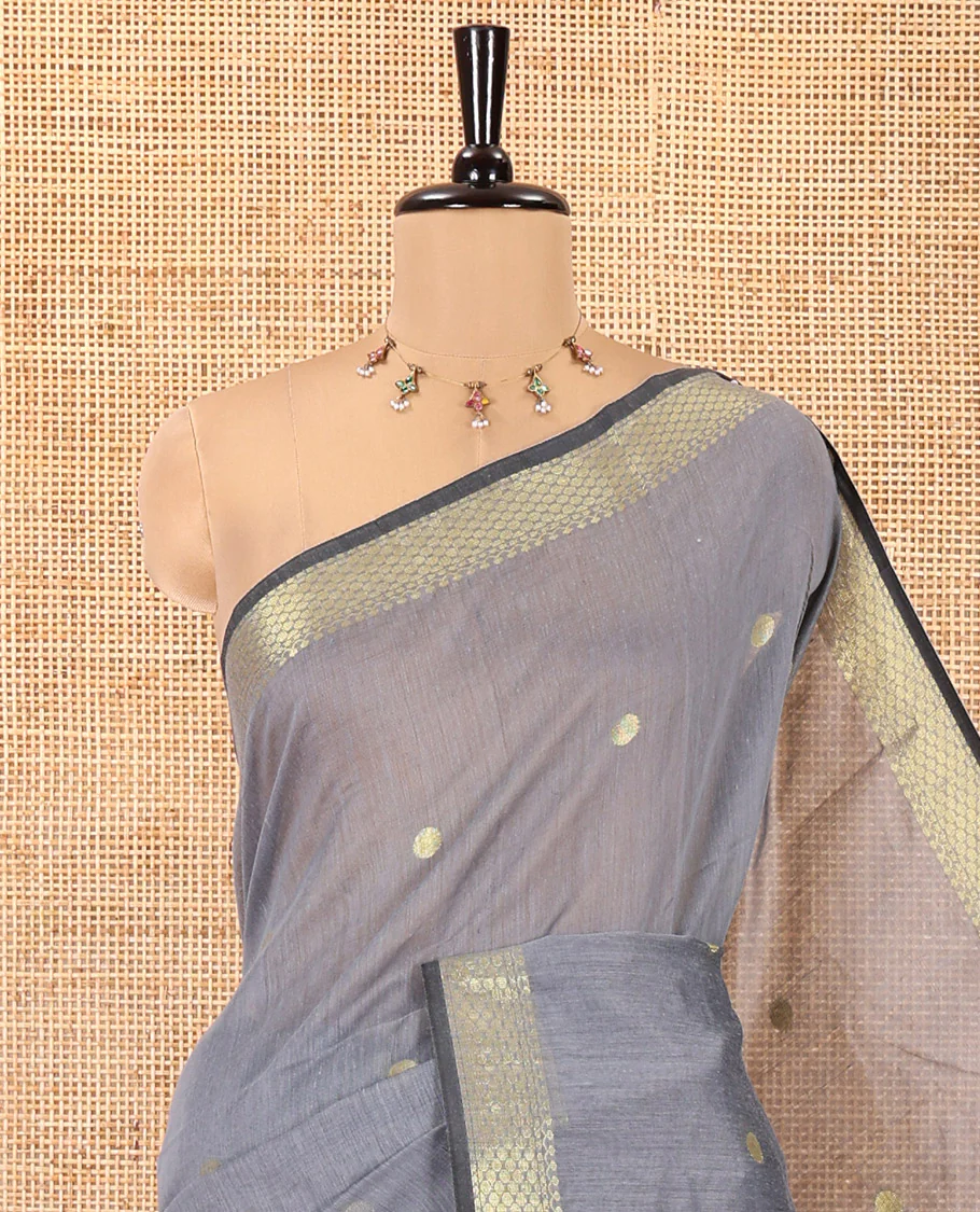 Grey Maheshwari Cotton Saree,  Flower Buttas All Over Its Body, Highlighted by Zari Border, Pallu of Contrast Floral Buttas, and a Contrast Blouse - Image 2