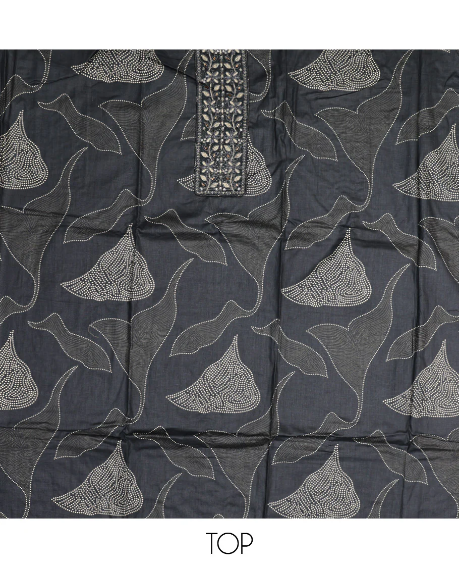 Grey Material Chudidar Set, Detailed with Abstract Print and Neck Embroidered Cotton Top, a Printed Cotton Bottom, and Paired with a Ikkat-Style Geometric Printed Cotton Dupatta - Image 2