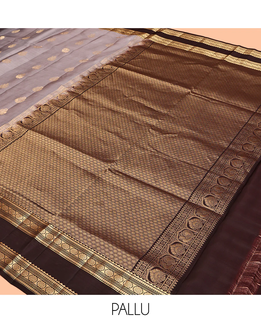 Grey Mayuri Lite Silk Mix Saree, Bedecked with Zari Buttas All Over Its Body, Complemented by Contrast Rettai Pettu Border of Rekku, Kathir, Muthu, Banaras, and Laddu Kamalam Designs, Jaal Pallu, and Paired with Contrast Blouse - Image 5
