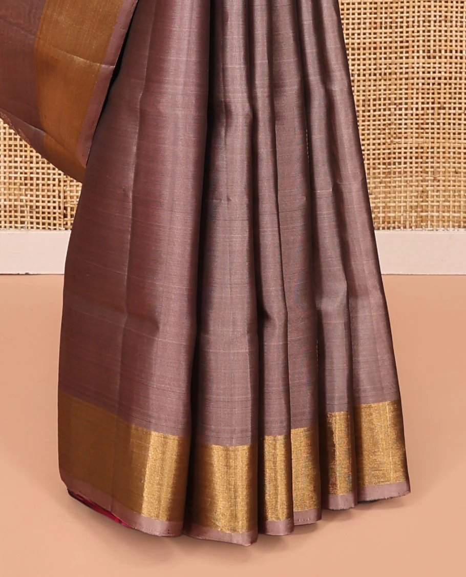 Grey Mayuri Lite Silk Mix Saree, Subtly Sparkled with Buttas on Its Body, Highlighted by Zari Bavanji Border, Complemented by a Contrast Pallu of Intricate Designs, and Paired with a Contrast Blouse - Image 4