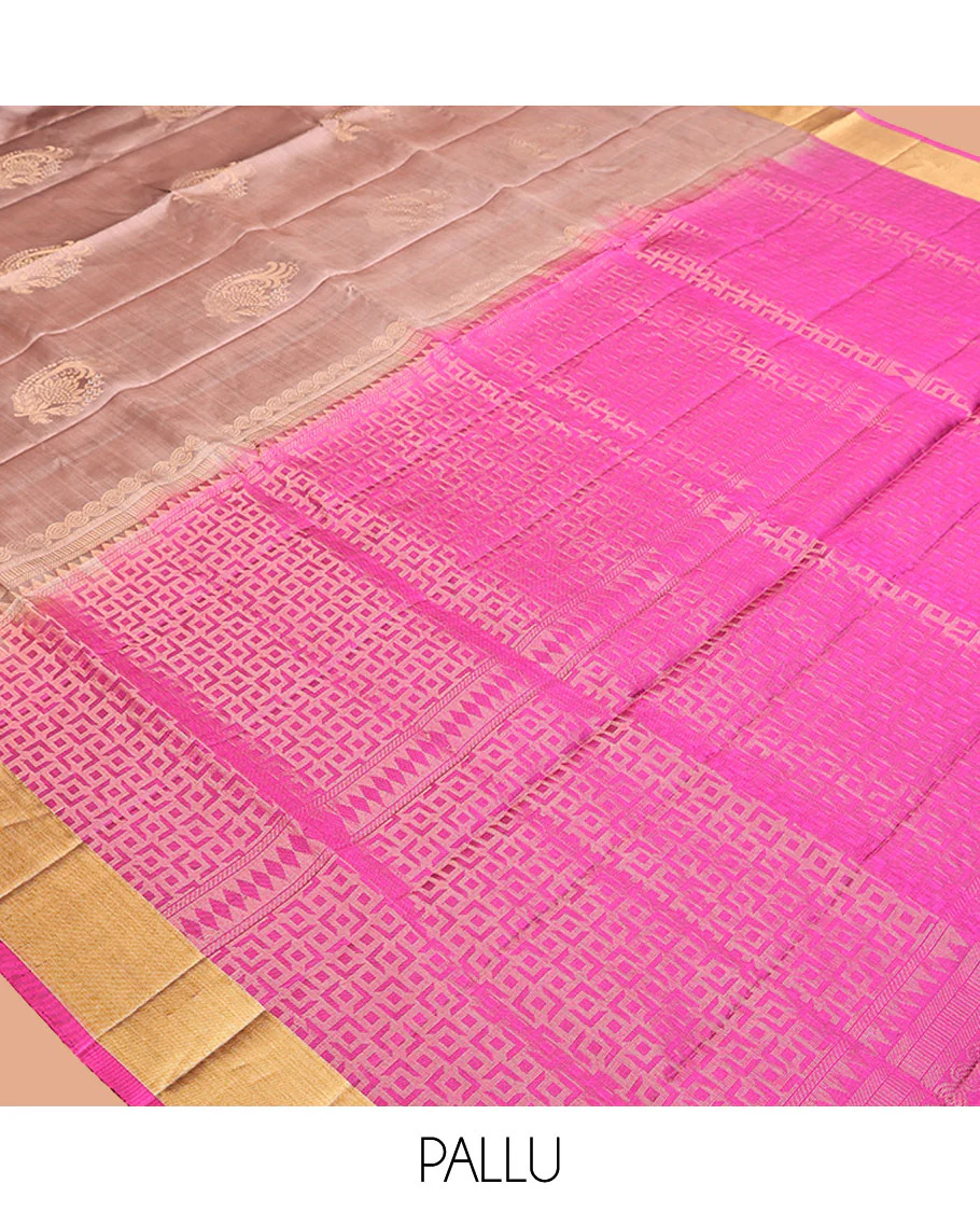 Grey Mayuri Lite Silk Mix Saree, Subtly Sparkled with Buttas on Its Body, Highlighted by Zari Bavanji Border, Complemented by a Contrast Pallu of Intricate Designs, and Paired with a Contrast Blouse - Image 5