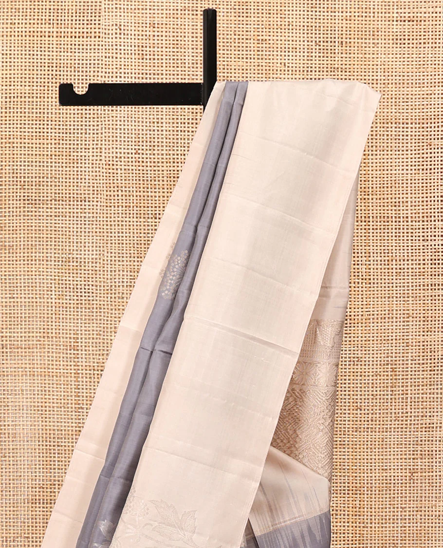 Grey Mayuri Soft Silk Saree, Elevated with Zari Buttas All Over Its Body, Complemented by Contrast Border, Intricately Designed Pallu, and Paired with a Contrast Blouse - Image 3