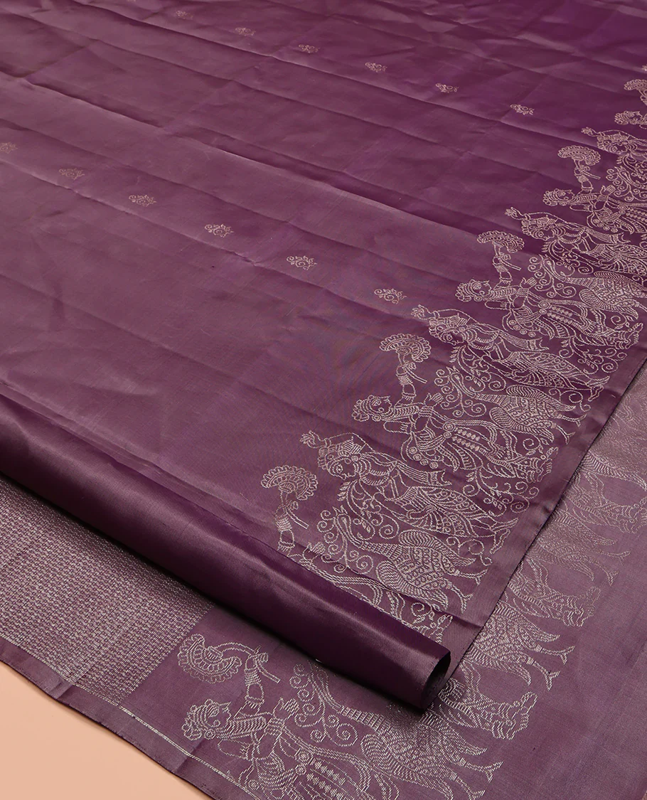 Grey Mayuri Soft Silk Saree, Subtly Sparkled With Buttas and Ancient Historial Story Figurines Woven On Its Body, Intricately Designed Pallu and Paired with a Matching Blouse - Image 2