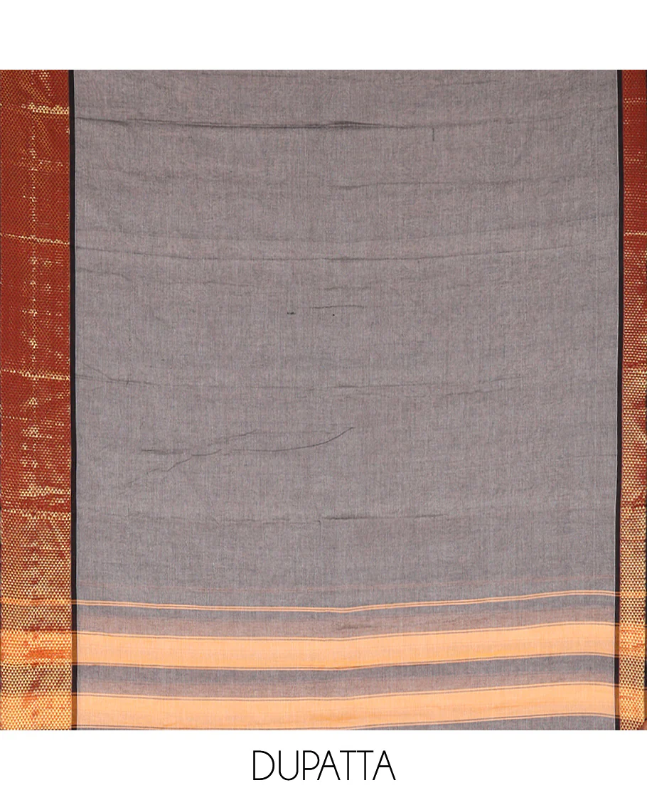 Grey Mercerised Cotton Material Churidar Set, Subtly Made with Plain and Traditional Ara Maadam Bordered Top, Comes with a Plain Mercerised Cotton Bottom, and Is Paired with a Mercerised Cotton Ara Maadam Woven Dupatta - Image 2