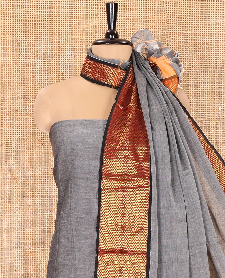 Grey Mercerised Cotton Material Churidar Set, Subtly Made with Plain and Traditional Ara Maadam Bordered Top, Comes with a Plain Mercerised Cotton Bottom, and Is Paired with a Mercerised Cotton Ara Maadam Woven Dupatta - Image 3