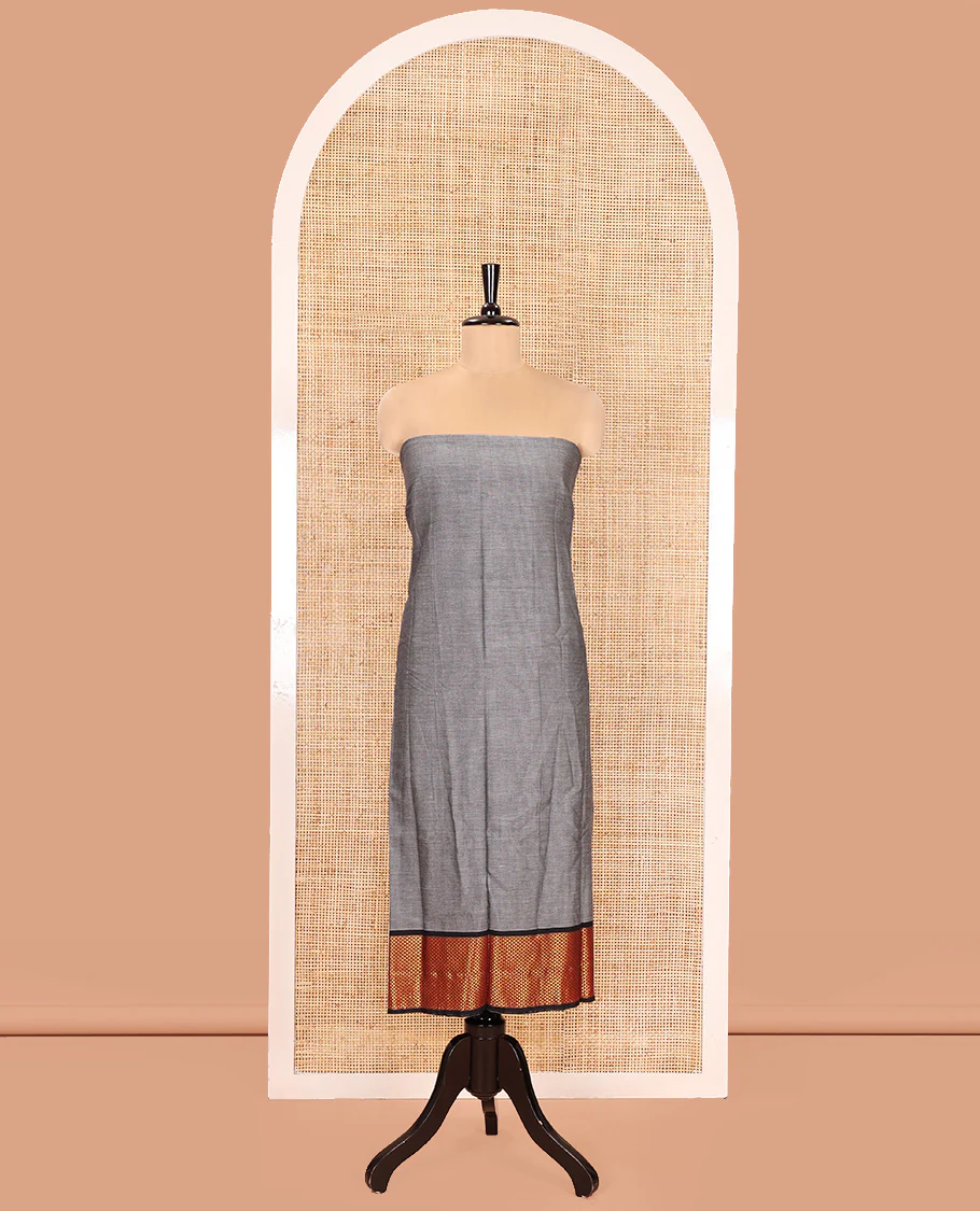 Grey Mercerised Cotton Material Churidar Set, Subtly Made with Plain and Traditional Ara Maadam Bordered Top, Comes with a Plain Mercerised Cotton Bottom, and Is Paired with a Mercerised Cotton Ara Maadam Woven Dupatta - Image 4