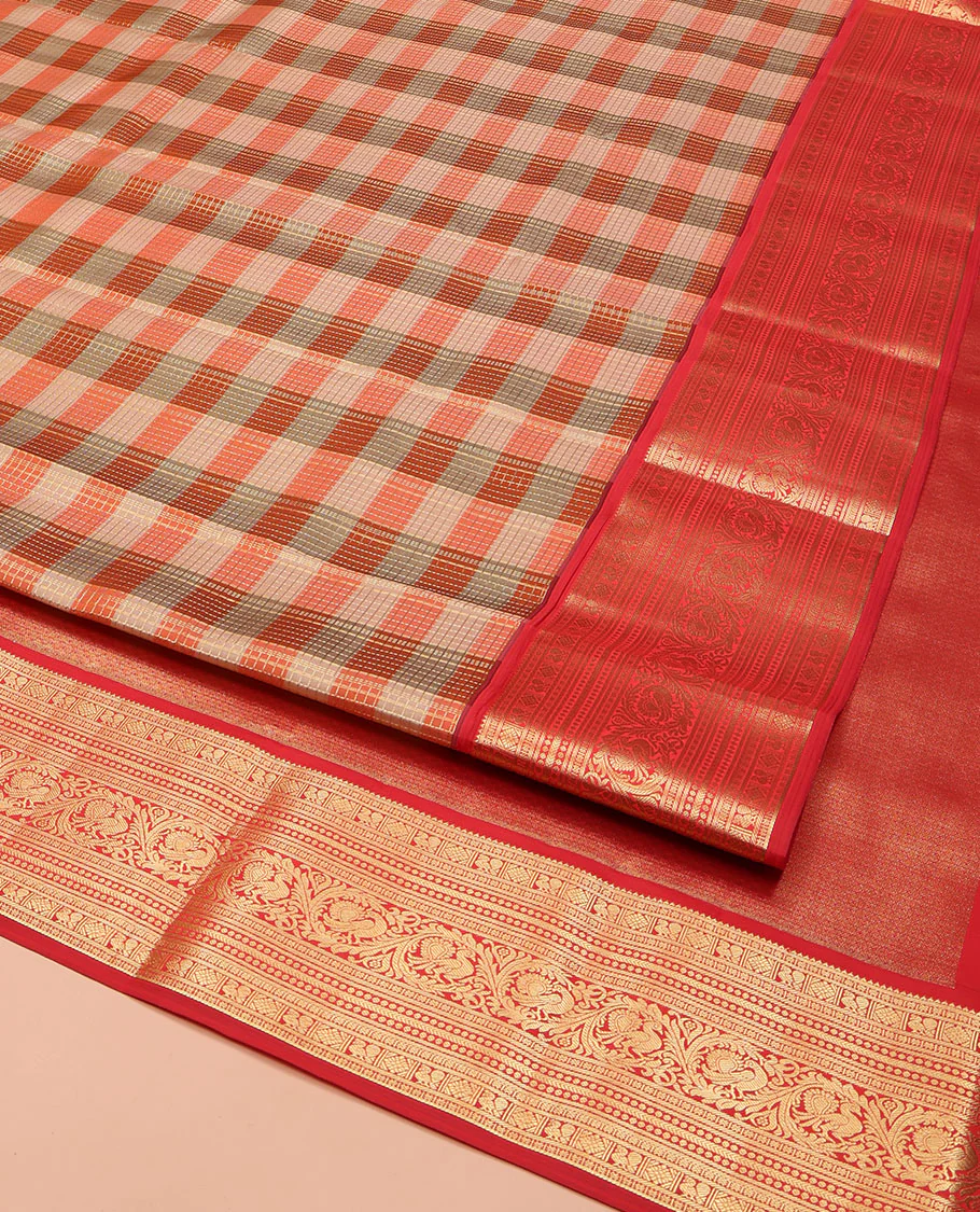 Grey-Orange Striped Vasundhara Lite Silk Mix Saree, Gleamed Up with a Zari Checks on Its Body, Complemented by a Contrast Border of Rekku, Diamond, Mayil, and Kodi Mayil Designs, Gleaming Zari Pallu, and Paired with a Contrast Blouse - Image 2