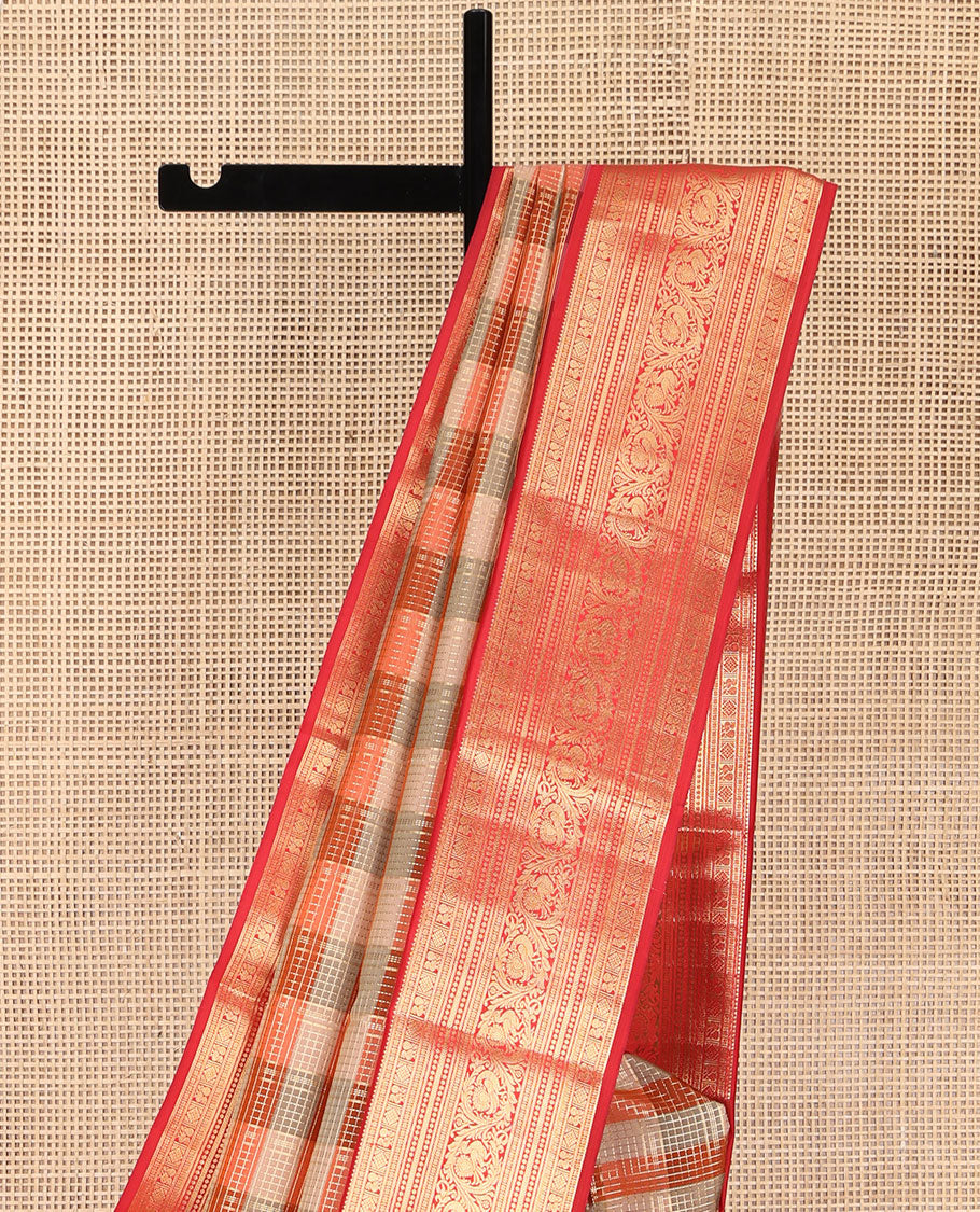 Grey-Orange Striped Vasundhara Lite Silk Mix Saree, Gleamed Up with a Zari Checks on Its Body, Complemented by a Contrast Border of Rekku, Diamond, Mayil, and Kodi Mayil Designs, Gleaming Zari Pallu, and Paired with a Contrast Blouse - Image 3