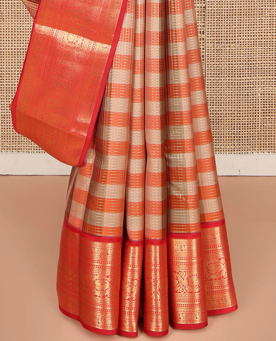 Grey-Orange Striped Vasundhara Lite Silk Mix Saree, Gleamed Up with a Zari Checks on Its Body, Complemented by a Contrast Border of Rekku, Diamond, Mayil, and Kodi Mayil Designs, Gleaming Zari Pallu, and Paired with a Contrast Blouse - Image 4