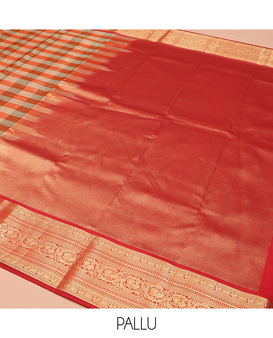 Grey-Orange Striped Vasundhara Lite Silk Mix Saree, Gleamed Up with a Zari Checks on Its Body, Complemented by a Contrast Border of Rekku, Diamond, Mayil, and Kodi Mayil Designs, Gleaming Zari Pallu, and Paired with a Contrast Blouse - Image 5