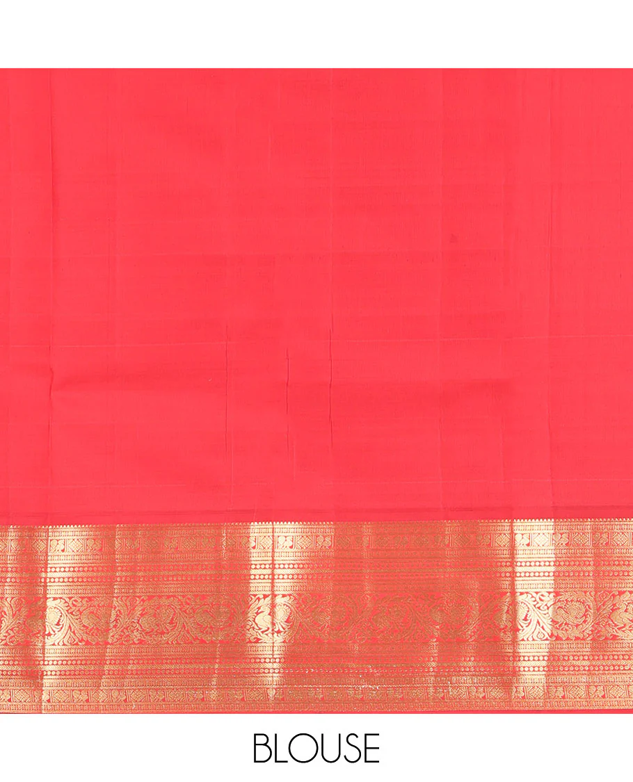 Grey-Orange Striped Vasundhara Lite Silk Mix Saree, Gleamed Up with a Zari Checks on Its Body, Complemented by a Contrast Border of Rekku, Diamond, Mayil, and Kodi Mayil Designs, Gleaming Zari Pallu, and Paired with a Contrast Blouse - Image 6