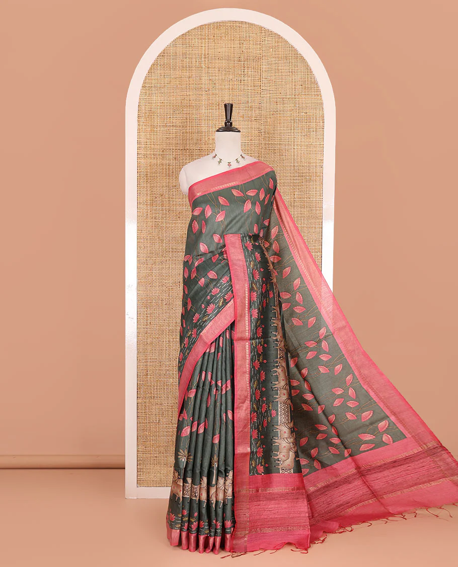 Grey Pichwai lotus floral vine and cow motifs printed tussar silk saree, contrast zari  border, and striped pallu