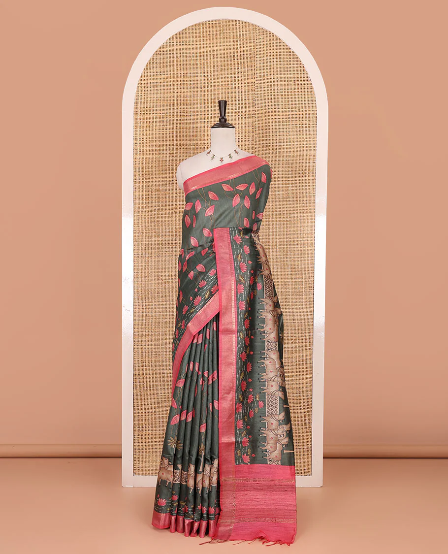 Grey Pichwai lotus floral vine and cow motifs printed tussar silk saree, contrast zari  border, and striped pallu - Image 2