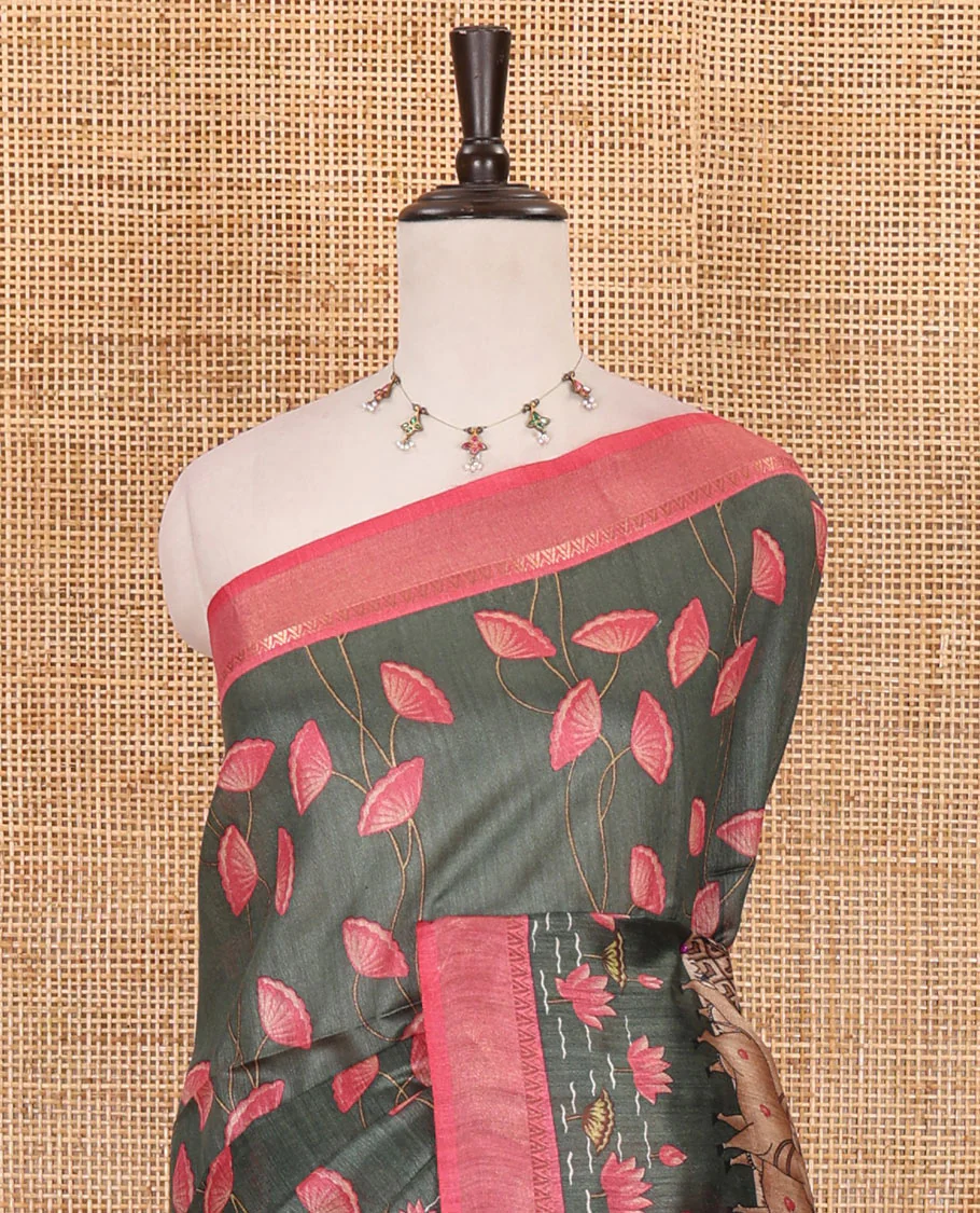 Grey Pichwai lotus floral vine and cow motifs printed tussar silk saree, contrast zari  border, and striped pallu - Image 3