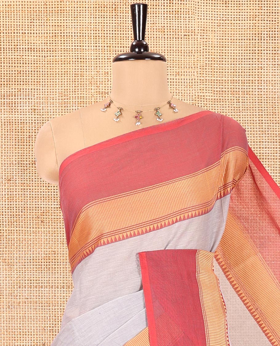 Grey Plain Chettinad Cotton Saree, Complemented by a Contrast Kal Eragina Traditional Temple Border, Subtly Striped Pallu, and Paired with a Matching Blouse - Image 2