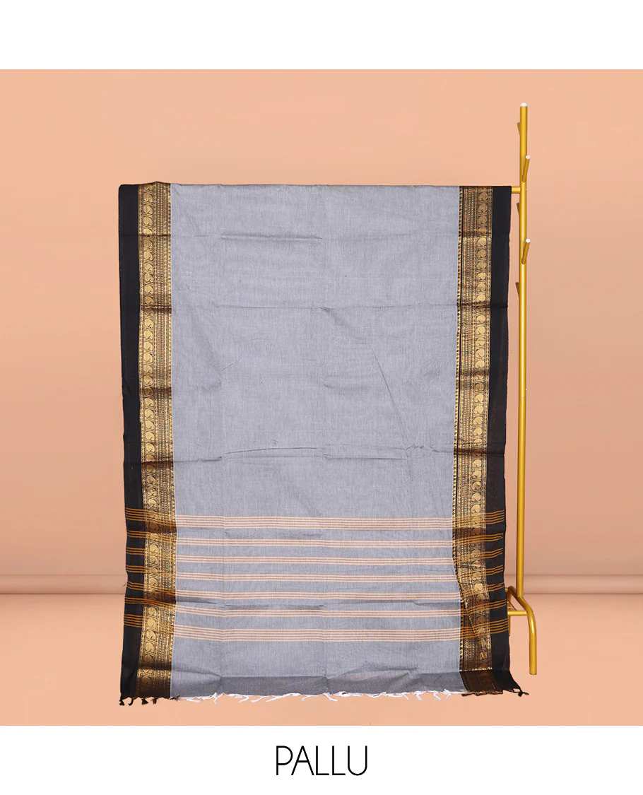 Grey Plain Chettinad Cotton Saree, Complemented by a Contrast Traditional Zari Design Woven Kal Eragina Border, Pallu of Stripes, and Paired with a Matching Blouse - Image 2