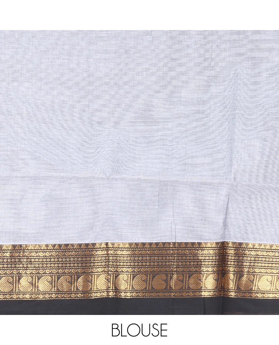Grey Plain Chettinad Cotton Saree, Complemented by a Contrast Traditional Zari Design Woven Kal Eragina Border, Pallu of Stripes, and Paired with a Matching Blouse - Image 3