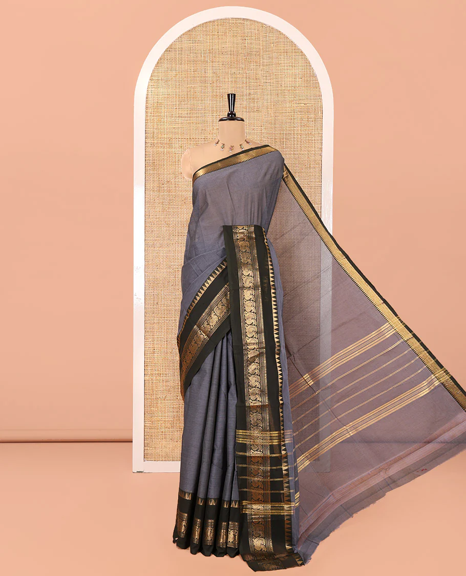 Grey Plain Chettinad Cotton Saree, Contrast Rettai Pettu Temple-Peacock Border, a Self-Pallu, a Matching Blouse
