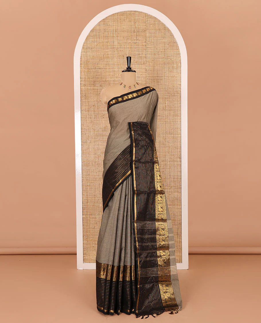 Grey plain chettinad cotton saree, contrast traditional zari border of peacock motifs, striped pallu, and a matching blouse - Image 2