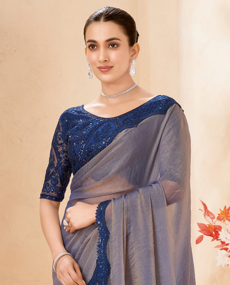 Grey Plain Designer Saree, Contrast Scallop Embroidered Border, a Self-Pallu, and Paired with a Contrast Intricately Embroidered Blouse - Image 2
