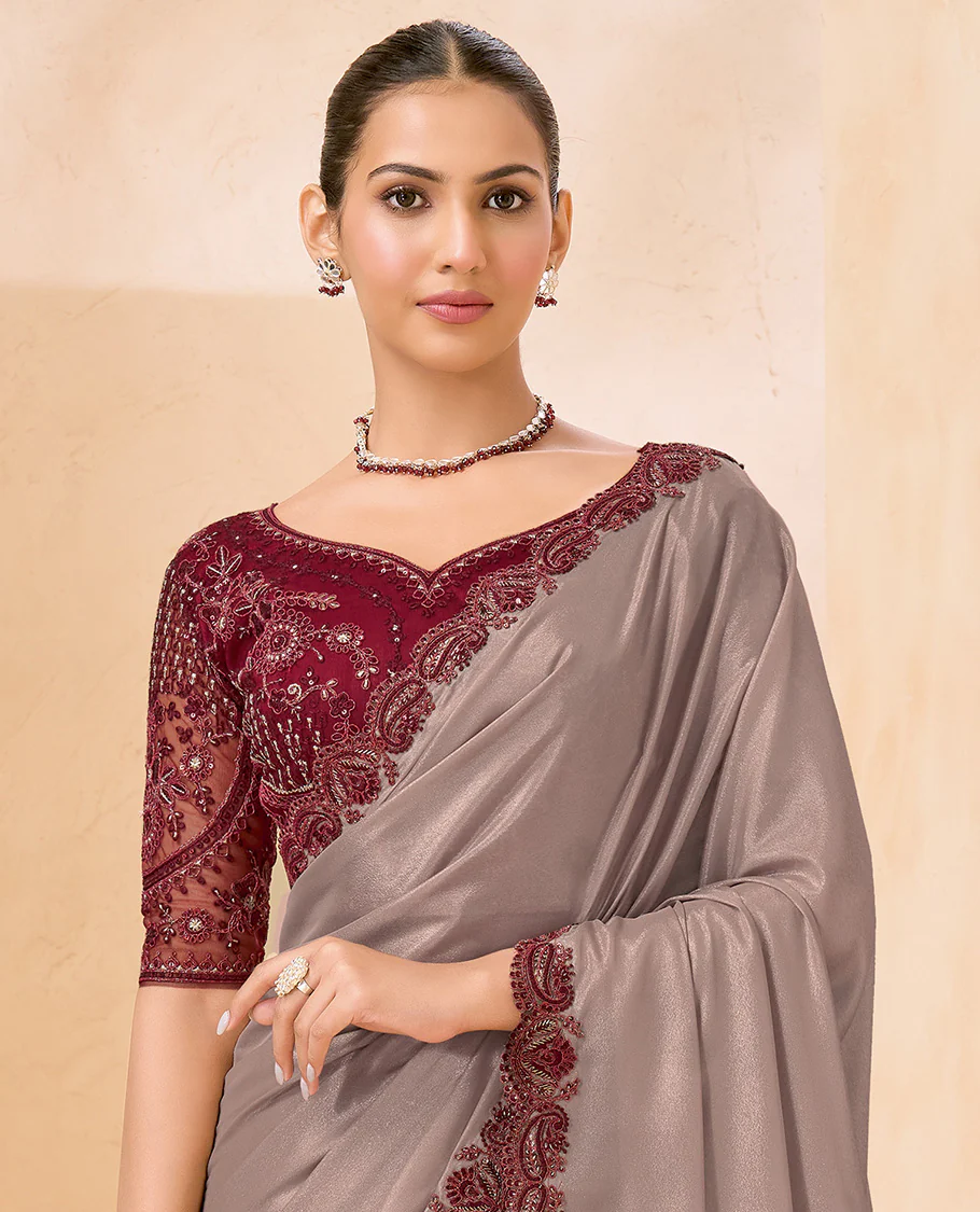 Grey Plain Designer Saree, Scallop Embroidered Border, a Self-Pallu, and Paired with a Contrast Intricately Embroidered Blouse - Image 2