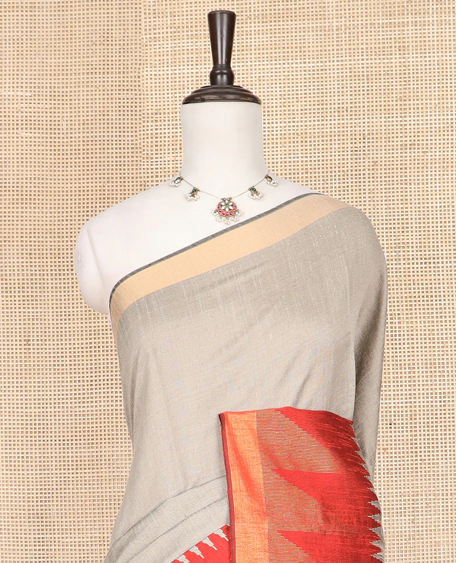 Grey Plain Dupion Silk Saree, Decorated with Contrast Temple Border, Pallu Steeped with Zari Temple Designs, and Paired with a Contrast Blouse - Image 2