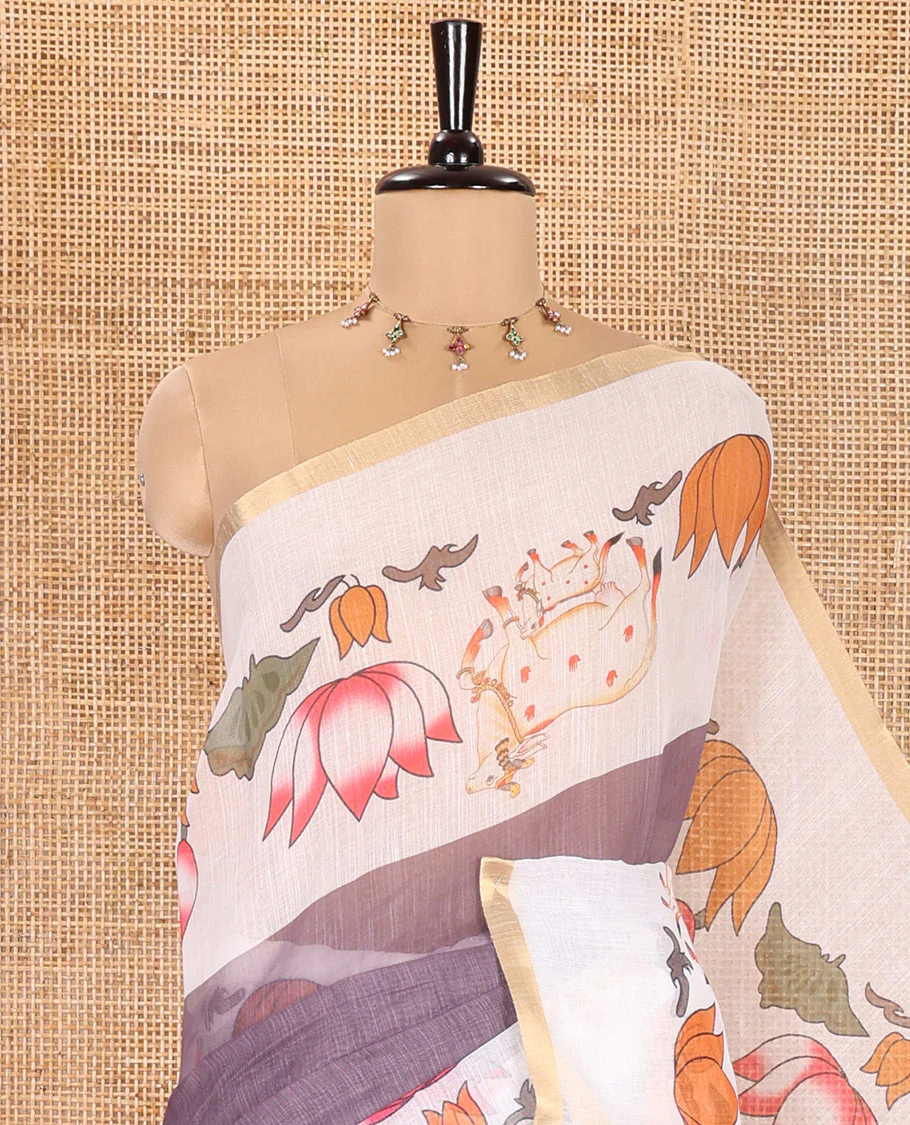 Grey Plain Linen Cotton Saree, Complemented by a Contrast Border Depicting Pichwai Cow and Lotus Motifs Print, Pallu of the Same Body Print, and Paired with a Contrast Blouse - Image 2