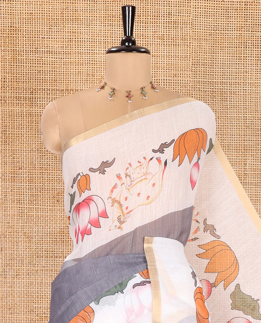 Grey Plain Linen Cotton Saree, Complemented by a Contrast Border Depicting Pichwai Cow and Lotus Motifs Print, Pallu of the Same Body Print, and Paired with a Contrast Blouse - Image 3