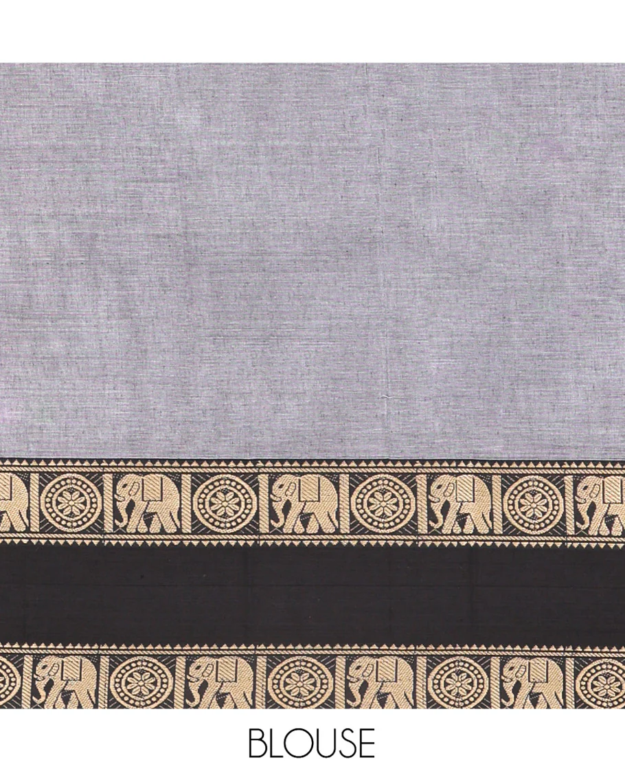 Grey Plain Mercerised Cotton Saree, Complemented by a Contrast Ganga-Jamuna Rettai Pettu Thread Border of Temple, Elephant, and Chakram Designs, Subtly Striped Pallu, and Paired with a Matching Blouse - Image 3