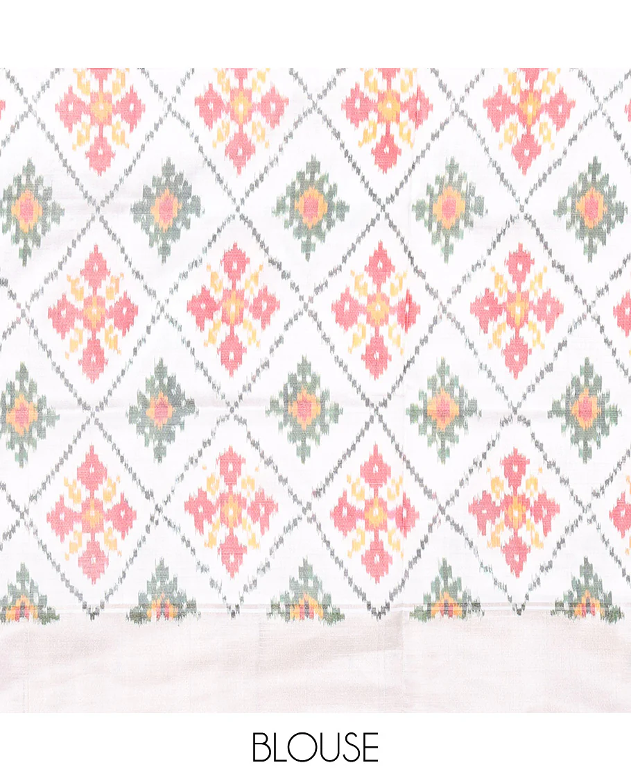 Grey Pochampally Ikat Silk Saree, Subtly Sparkled with Ikkat Buttas on Its Body, Complemented by a Contrast Diamond-Patterned Border, Pallu of Diamond-Patterns, and Paired with a Contrast Blouse - Image 6