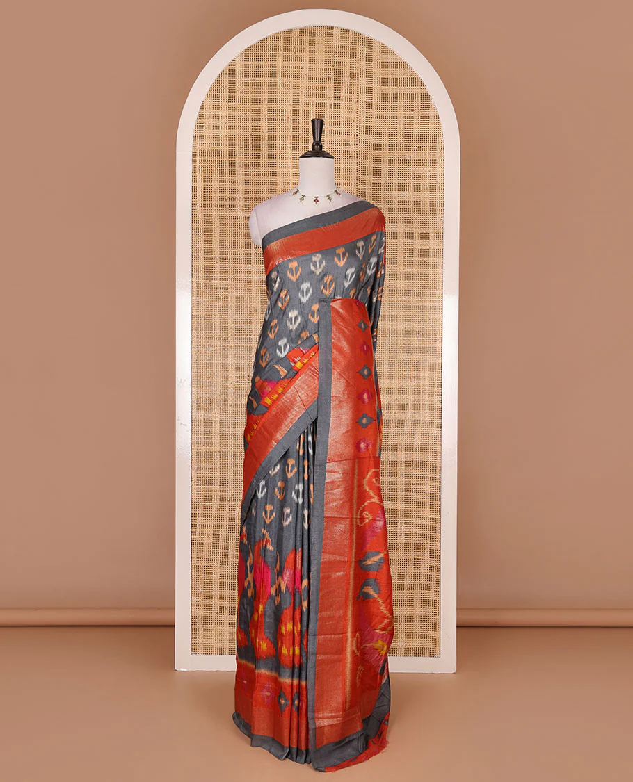 Grey pochampally style floral, and peacock printed dola silk saree, zari border, pallu of ikkat designs, and contrast ikkat motifs blouse - Image 2