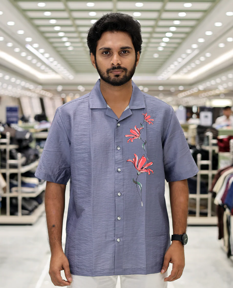 Grey Poly-Blended Causal Shirt, Comes with Floral Print, Half Sleeves, a Cuban Collar, a Boxy Fit, and Regular Length