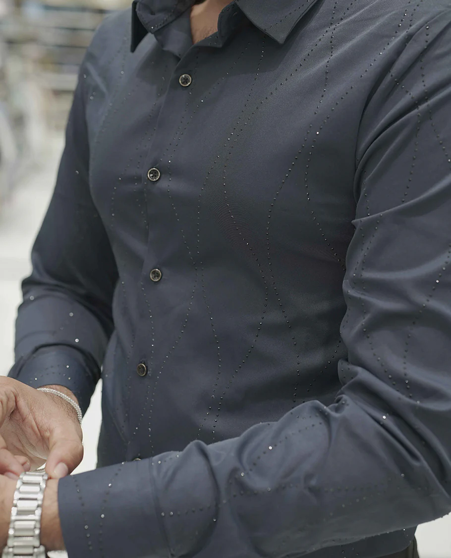 Grey Poly-Blended Party Wear Shirt, Adorned with Geometric Stonework Patterns, Comes with a Spread Collar, Full Sleeves, Slim Fit, and Regular Length - Image 5