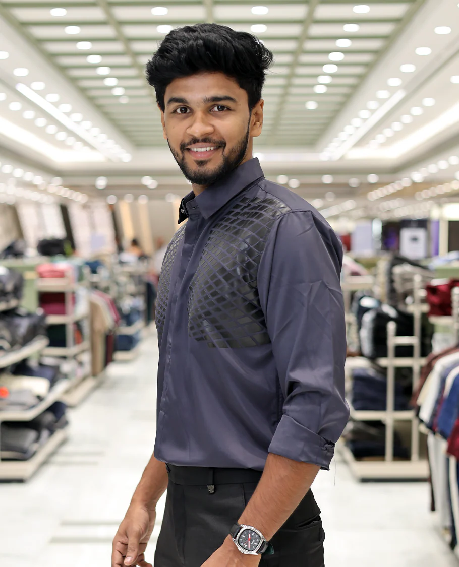 Grey Poly-Blended Party Wear Shirt, Features Geometric Flock Print, Full Sleeves, Spread Collar, Slim Fit, and Regular Length - Image 2